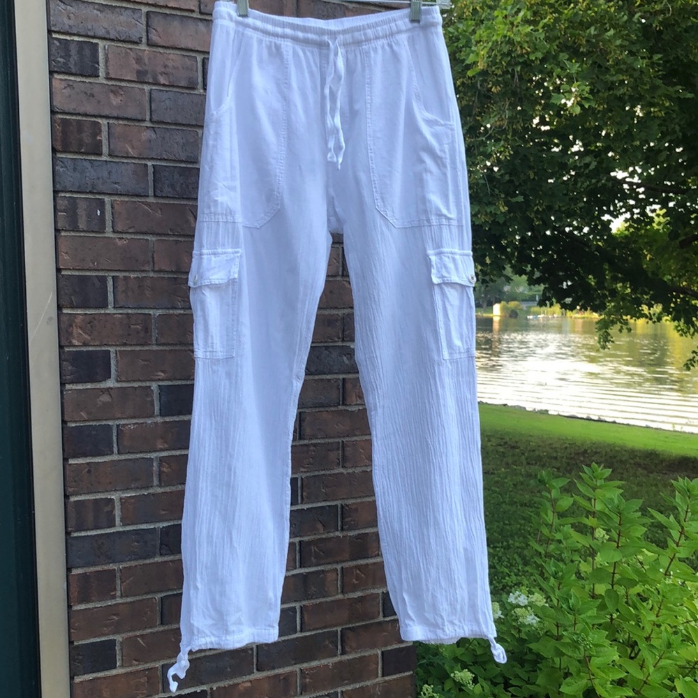 White Cotton Cargo Drawstring Pants